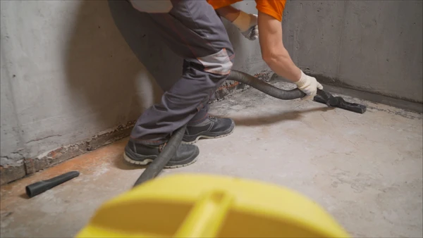 Ouvrier en tenue de travail effectuant des travaux de rénovation dans un local en béton brut