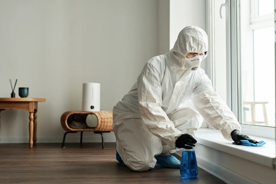 Technicien en combinaison de protection intégrale blanche avec masque respiratoire effectue la désinfection d'un rebord de fenêtre dans un intérieur résidentiel moderne