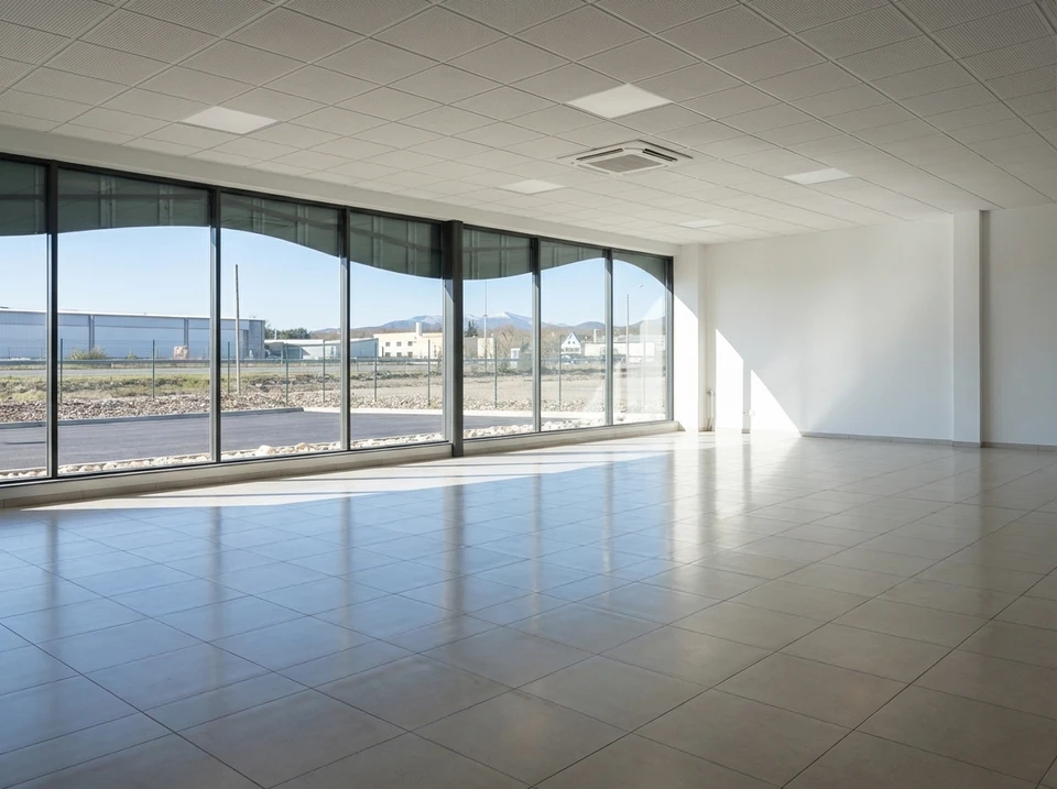 Chantier intérieur, ouvrier en tenue de travail utilisant un aspirateur industriel pour nettoyer le sol béton