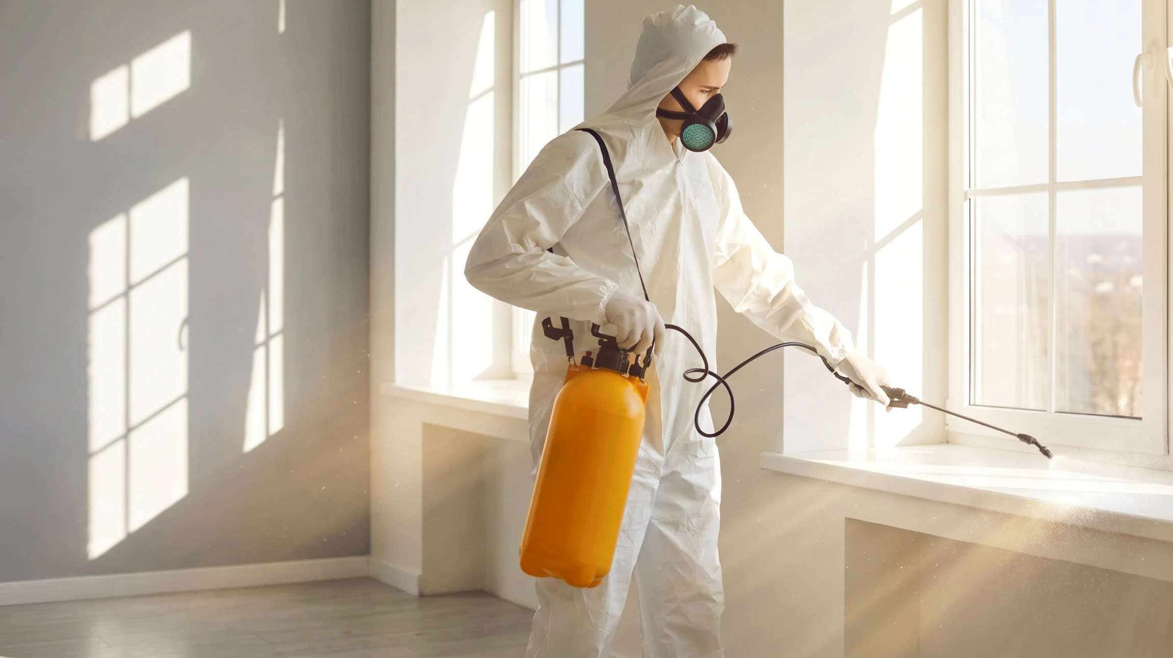 le désinfectant dans une combinaison de protection conduit la désinfection dans une zone contaminée